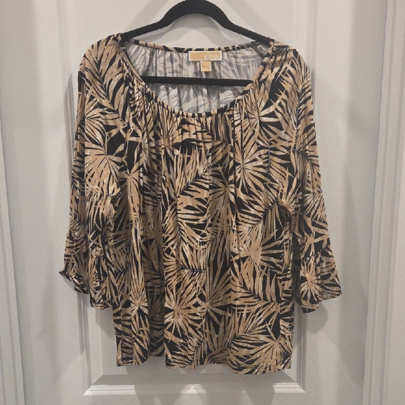 Michael Kors Tops - Michael Kors Black and Tan Tropical Leaf-Print Peasant Top XL